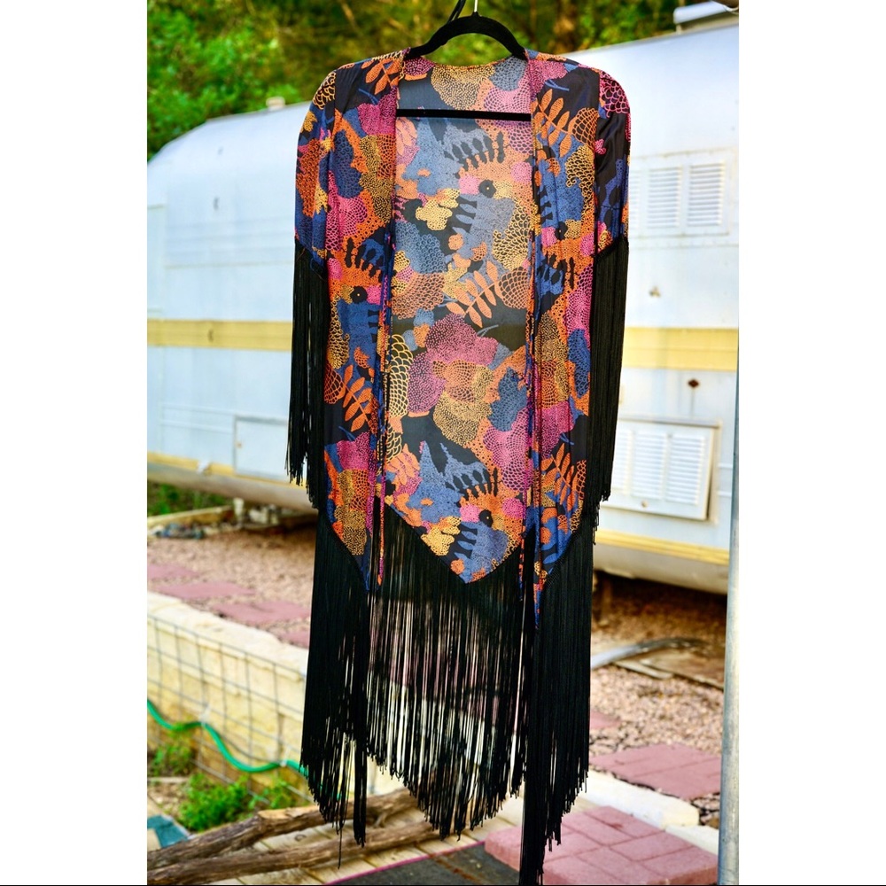 Vintage Silk Fringe Kimono Duster Deco Boho S🌹